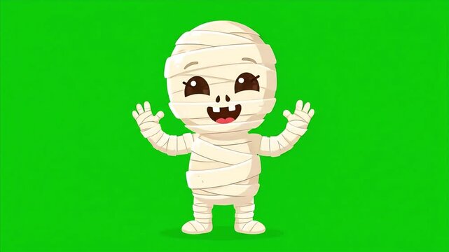 Cute Cartoon Mummy Character Waving Hand Against Green Screen Background