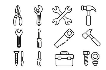 Obraz premium Tool and hardware line icon set. Pliers, wrench, hammer, saw, screwdriver vector outline collection. DIY repair, construction, and workshop toolkit graphic symbols isolated.