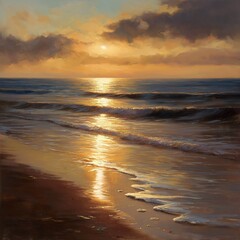 Obraz premium Beautiful seascape with sunset light reflecting on the waves and sandy beach, painted in warm golden tones.