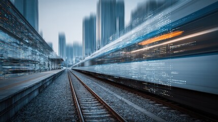 Naklejka premium High-speed Train Moving Through Modern Cityscape with Blurred Lights and Skyscrapers