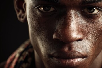 Obraz premium A young man with dark skin, generative ai illustration. Close-up portrait showing detailed facial features, scars, pores, and intense expression.