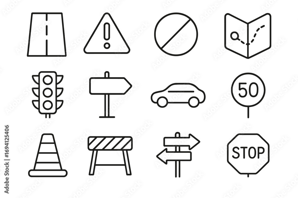 Poster traffic safety linear icon set. road signage and navigation icons. line art collection with stop sig