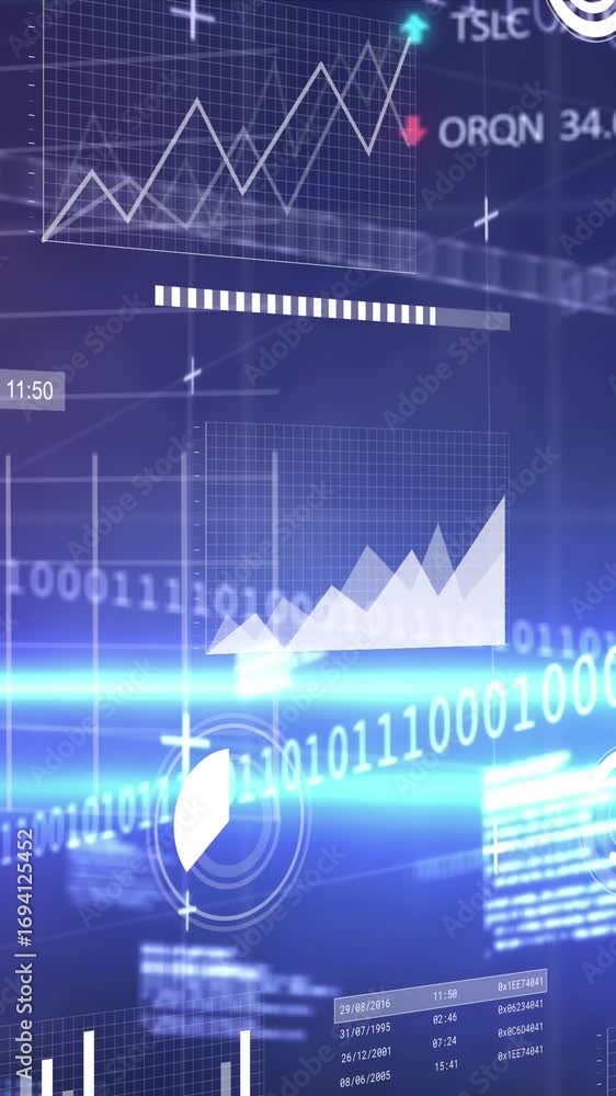 Poster animation of statistical and stock market data processing against light trails on blue background