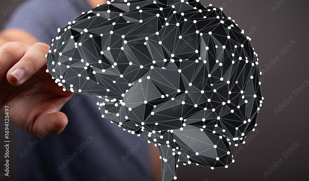 Poster abstract image of a human brain as a digital network. concept for ai, technology, and neuroscience.