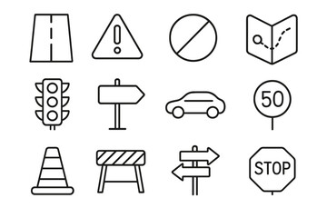 Traffic safety linear icon set. Road signage and navigation icons. Line art collection with stop sign, speed limit, warning, cone, barrier, traffic light, and car symbols.