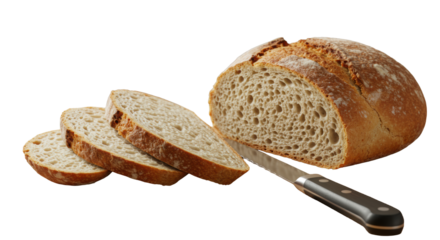 Golden-crusted artisanal rustic bread, partially sliced with fanned-out soft interior, on wooden board with knife, against blurred warm background. Wholesome natural food photography