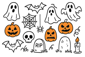 Halloween doodle set with spooky ghosts, scary pumpkins, bats, and skulls. Vector cartoon illustration collection for holiday design. Hand drawn horror icons. Isolated elements.