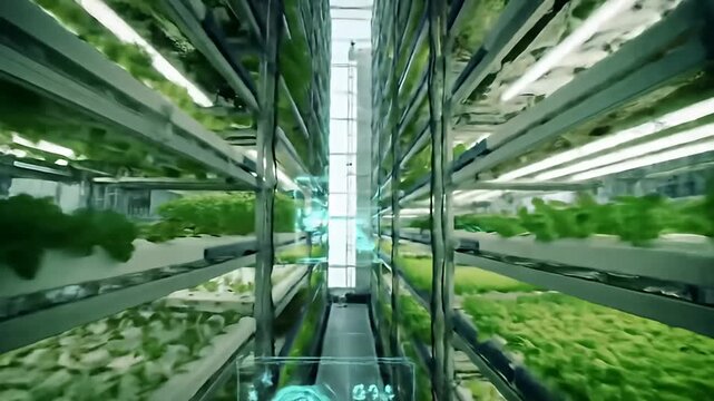 Futuristic view inside a vertical farm with multiple levels of crops and data overlays