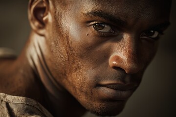 A young man with dark skin, generative ai illustration. Close-up portrait showing detailed facial features, scars, pores, and intense expression.