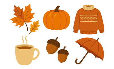 Cozy autumn essentials with leaves, pumpkin, and warm objects in flat design