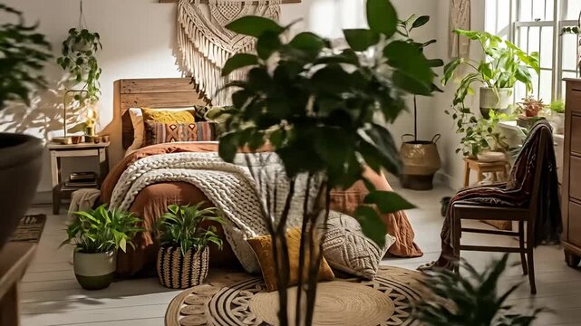 Boho bedroom with plants, wood textures, warm tones, and macrame wall hanging above the bed