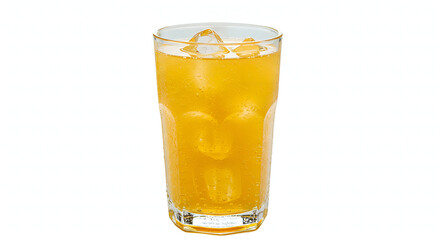 Exotic mango soda in a glass with tropical background and ice.