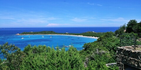 aerial view of the turquoise waters of Capo Coda Cavallo beach, San Teodoro, Sassari, Gallura, Costa Smeralda, Sardinia island, Italy