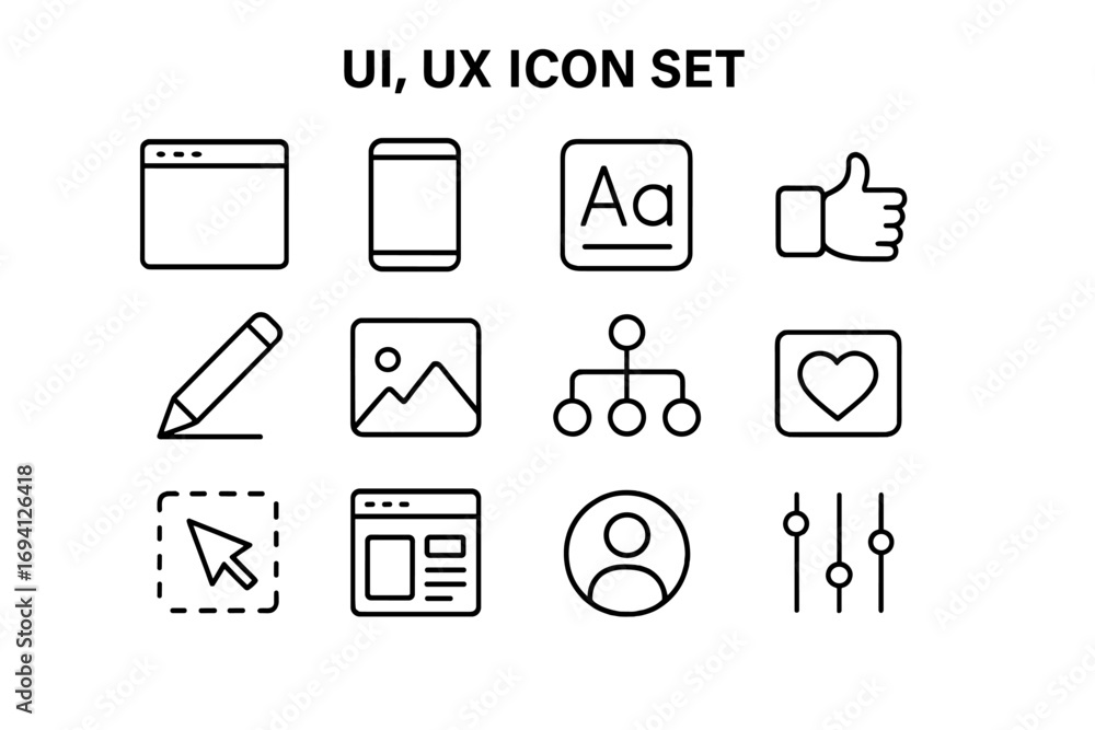 Fototapete ui ux outline icon set. web design and app development symbols. interface line art elements. vector 
