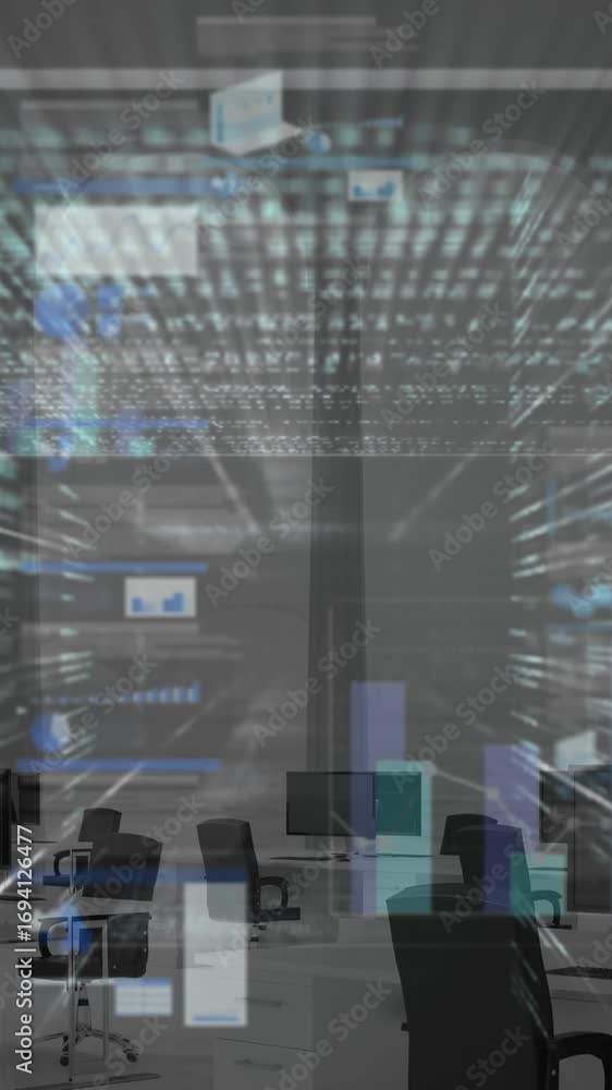 Poster animation of infographic interface and computer language over empty room with desktop and chairs