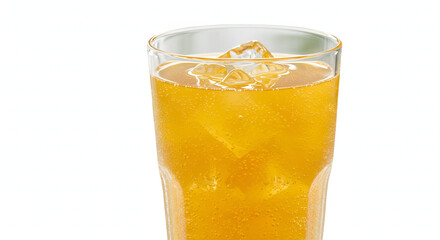Exotic mango soda in a glass with tropical background and ice with transparent background. 