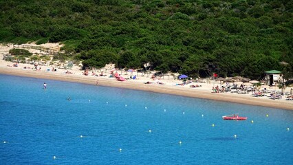 aerial view of the turquoise waters of Capo Coda Cavallo beach, San Teodoro, Sassari, Gallura, Costa Smeralda, Sardinia island, Italy