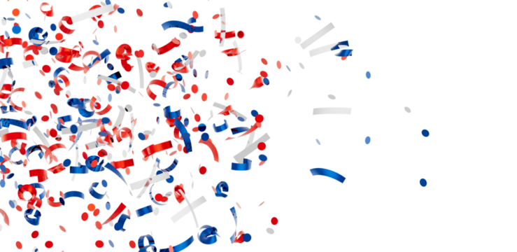 Festive confetti background with red, white, and blue streamers and dots. Perfect for party invitations, celebrations, and more.