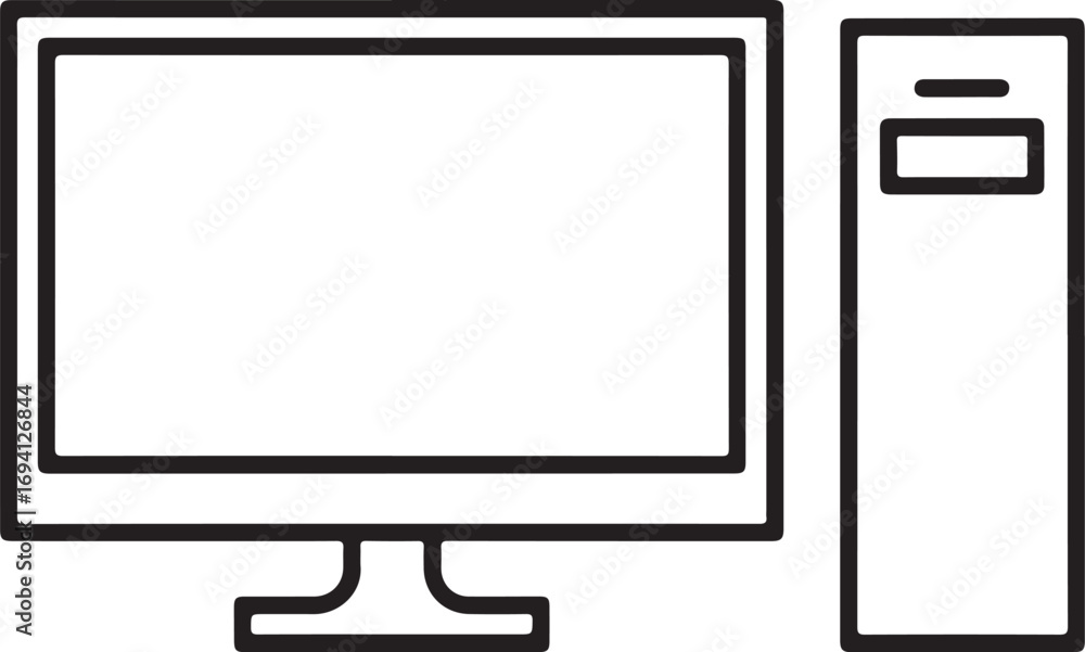 Poster simple line art icon of a desktop computer monitor and tower