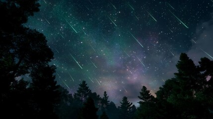 Stargazers admire a meteor shower under a clear night sky in a forest during summer months