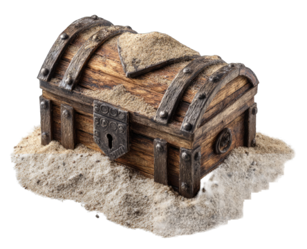 Wooden treasure chest on sand