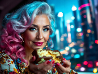 Elegant woman with pink and blue hair holding chocolate bar, stylish fashion portrait combining modern glamour with sweet indulgence, luxury lifestyle concept with urban city background © Anna
