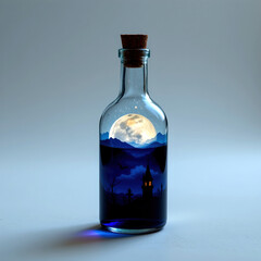 Mystical moon reflection glass potion bottle glowing with night landscape and distant church, serene and enchanted mood