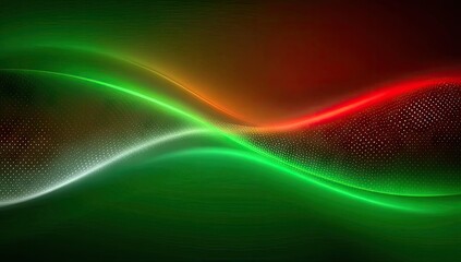 Abstract design with vibrant green and red glowing waves over a dark background.