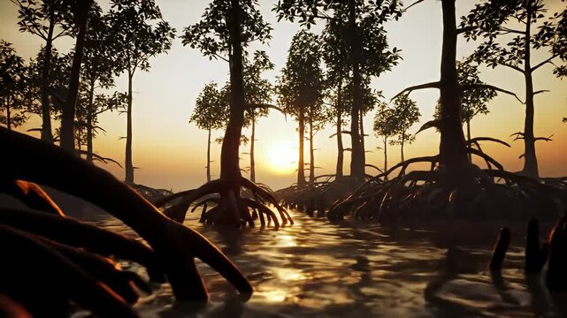 Mangrove trees silhouette against an orange sunset reflecting in the shallow water