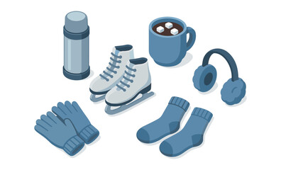 Obraz premium Cozy winter essentials isometric set with skates and hot chocolate