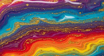 Abstract Colorful Fluid Art with Golden Glitter Streaks