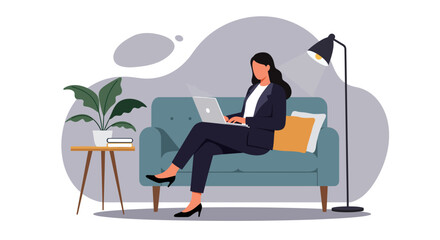 Professional woman works remotely on a laptop from a comfortable sofa at home. Ideal for business, freelance, and modern lifestyle concepts.