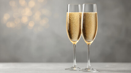 Two sparkling champagne glasses with bubbles on gray background