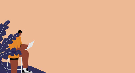 A person sits surrounded by stylized plants, focused on a laptop. Ideal for remote work, online learning, or modern lifestyle themes.