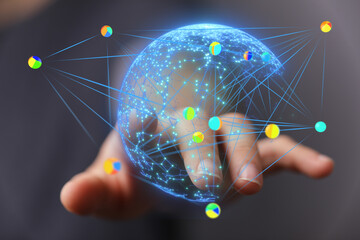 Hand interacting with a digital globe, showcasing interconnected data points and global network visualization.