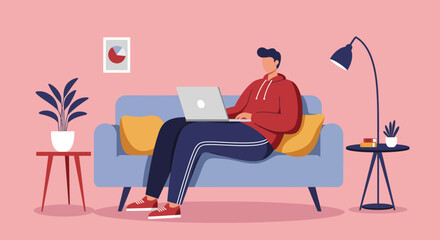 Man comfortably working from home on a laptop, illustrating remote work, productivity, and modern lifestyle in a relaxed setting.