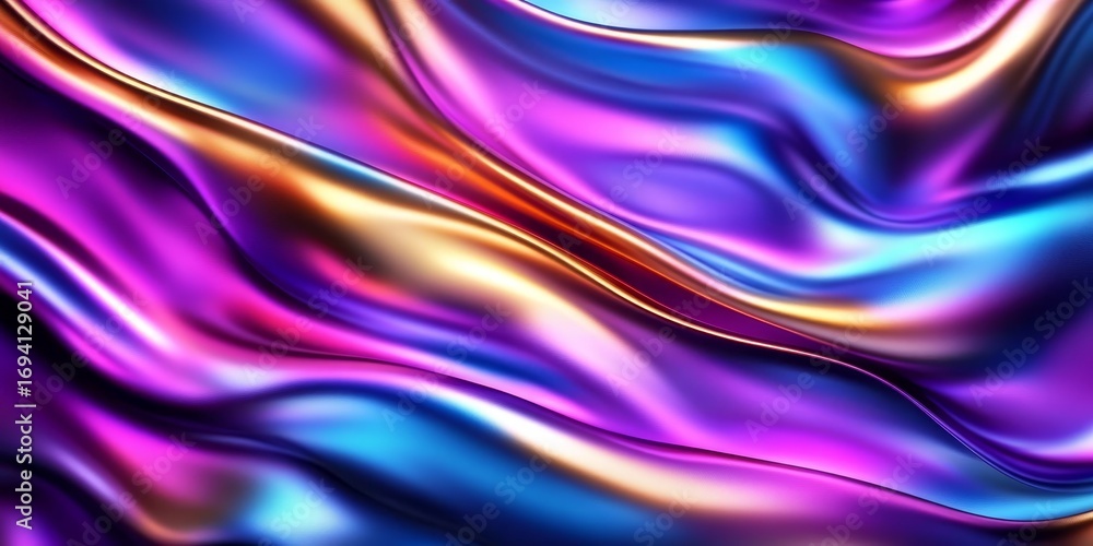 Poster holographic texture of smooth metallic fabric waves with gloss and iridescent gradient background