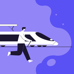 Man runs alongside a sleek high-speed train, embodying modern travel, efficiency, and the fast-paced nature of urban lifestyle or business commute.