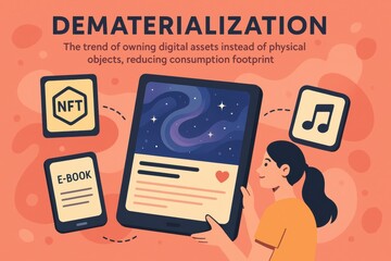 Dematerialization concept featuring digital assets and a person with a tablet promoting digital