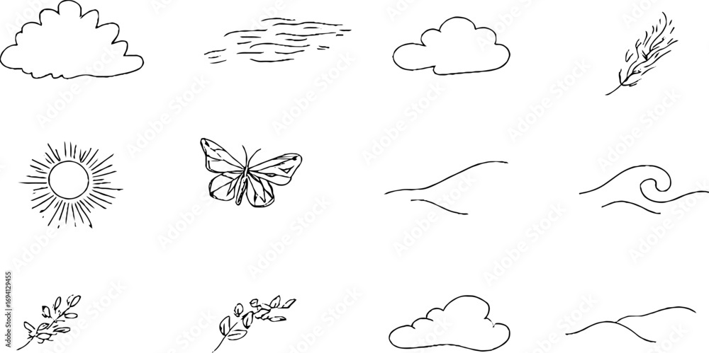 Poster minimalist line art collection of bohemian elements for design and decor
