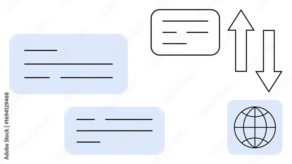 Poster linear text boxes, bidirectional arrows, and a globe highlight information sharing, global networkin