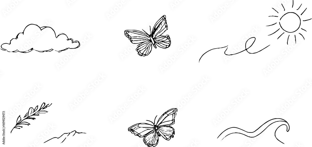 Poster minimalist line art collection featuring floating light and nature elements for aesthetic design