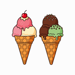 Two colorful ice cream cones with different flavors and toppings for a refreshing summer treat