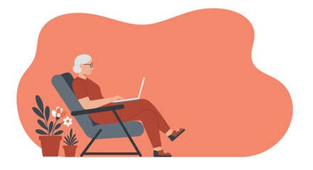Senior woman comfortably uses a laptop, representing modern retirement, digital literacy, and remote connectivity for business or leisure.