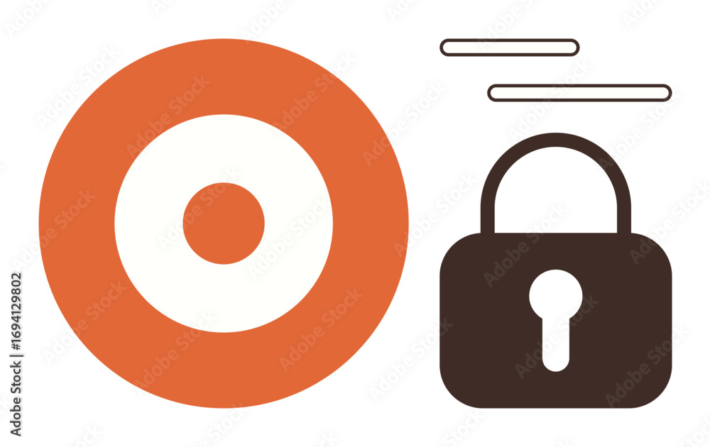 Poster target icon with concentric circles and padlock beside abstract lines. ideal for security, protectio