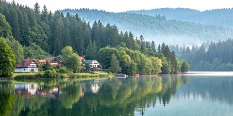 Fototapeta premium Serene lake with calm reflections surrounded by forest and village houses