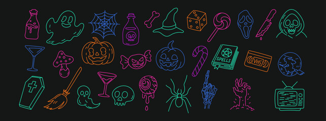 Neon Halloween icons set with pumpkin ghost skull spider witch hat broom potion candy coffin knife spell book eyeball bat skeleton hand retro tv VHS tape flat vector illustration on dark background