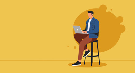 Stylish man works remotely on his laptop, embodying modern productivity and flexible business lifestyle on a vibrant yellow background.