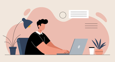 Focused man working on his laptop at a contemporary desk, suitable for remote work, online learning, and digital business concepts.