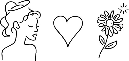 Minimalist line art collection: woman portrait with heart and flower elements for aesthetic design